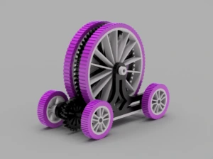3D modelis vėjo varomo prototipo su krumpliaračių pavara ir keturiais ratais